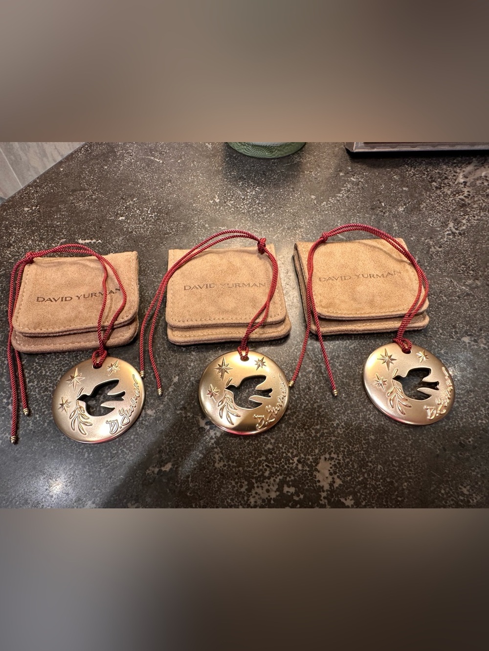 David Yurman Set of 3 Gold Tone Dove Ornaments with Pouch